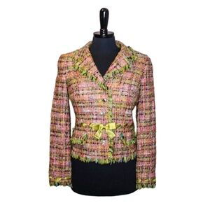 Two Piece EUC Rickie Freeman Teri Jon skirt suit with blazer green & pink size 8
